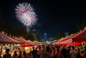 Crowd at Austin's New Year's Eve celebration with fireworks in the background.