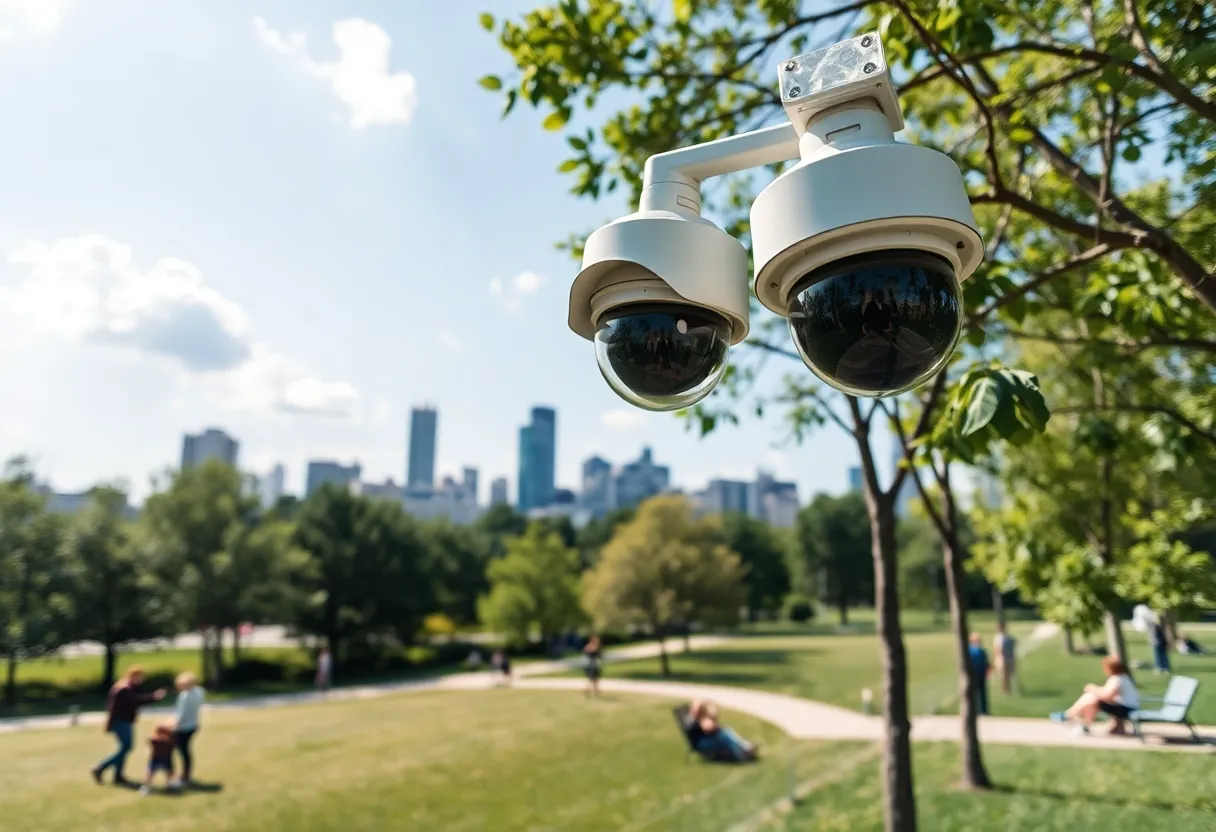 Security cameras installed in an Austin park monitoring the area.