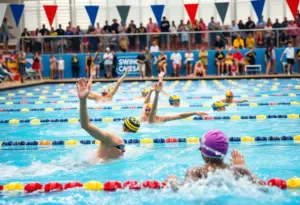 Scene from the U.S. Pro Swim Series with swimmers competing in the pool.
