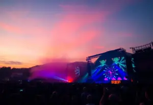 Crowd at Austin Psych Fest enjoying live music under colorful lights