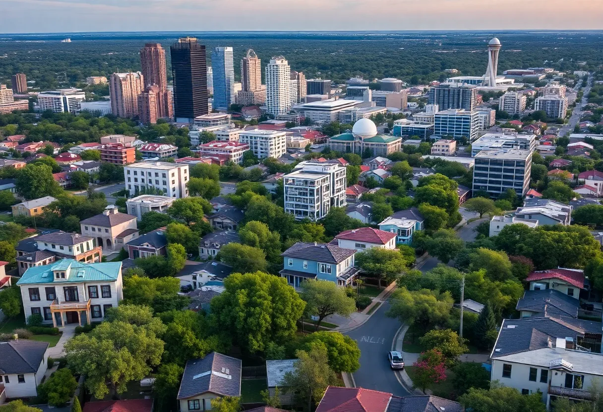 Aerial view of Austin's residential neighborhoods illustrating the real estate market, featuring modern homes and greenery.