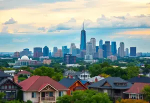 A view of homes in Austin with the skyline in the background.