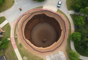 A large sinkhole in a residential area of Austin, Texas, with safety barriers around it.
