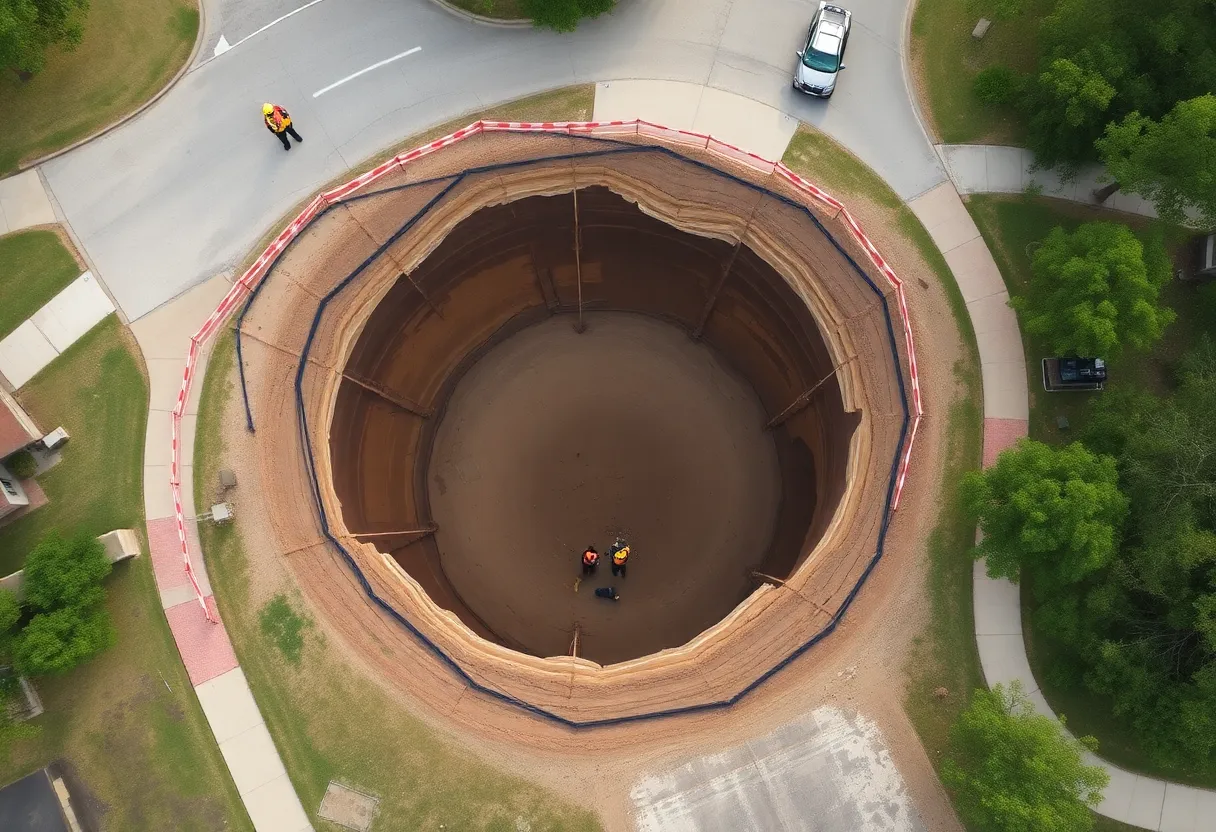 A large sinkhole in a residential area of Austin, Texas, with safety barriers around it.