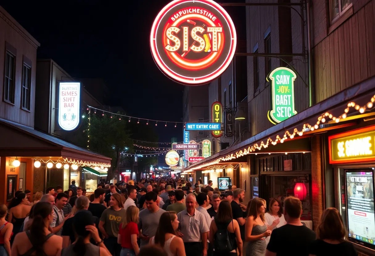 Nightlife on Sixth Street in Austin, Texas, showing bars and pedestrian activity.