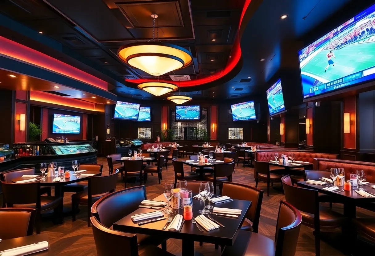 Interior of Austin Sports Club showcasing luxury dining with sports atmosphere.