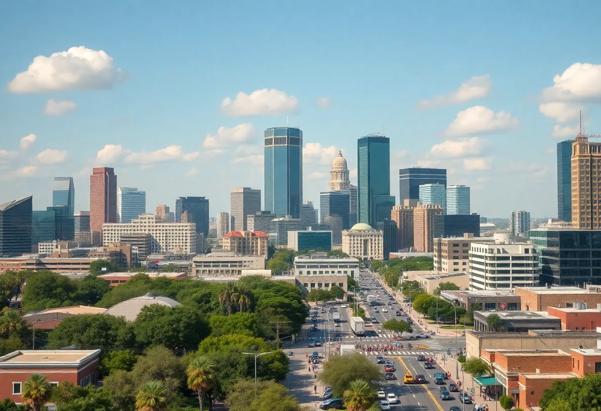 Austin skyline showing skyscrapers and city life