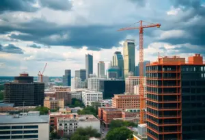 A panoramic view of Austin highlighting construction and urban developments.