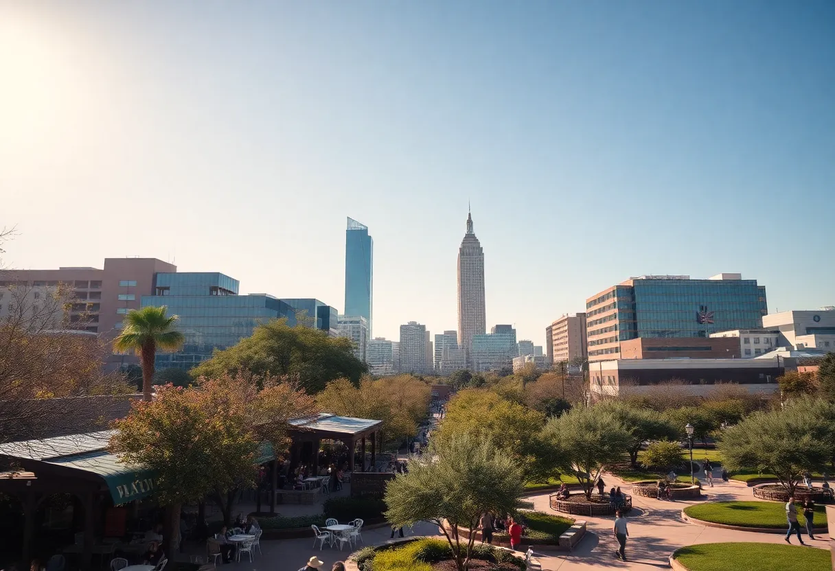 Clear blue skies over Austin, Texas with people enjoying outdoor activities