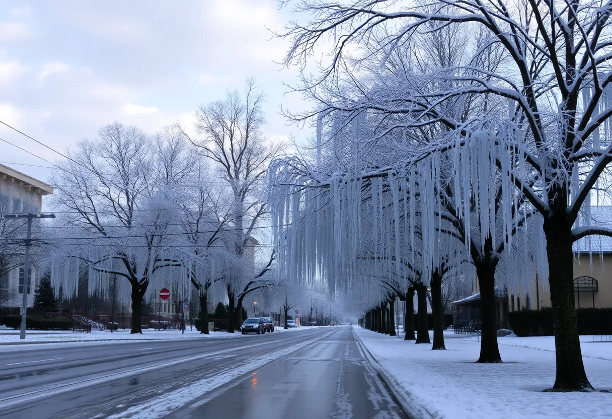 Icy trees and streets in Austin during a winter storm