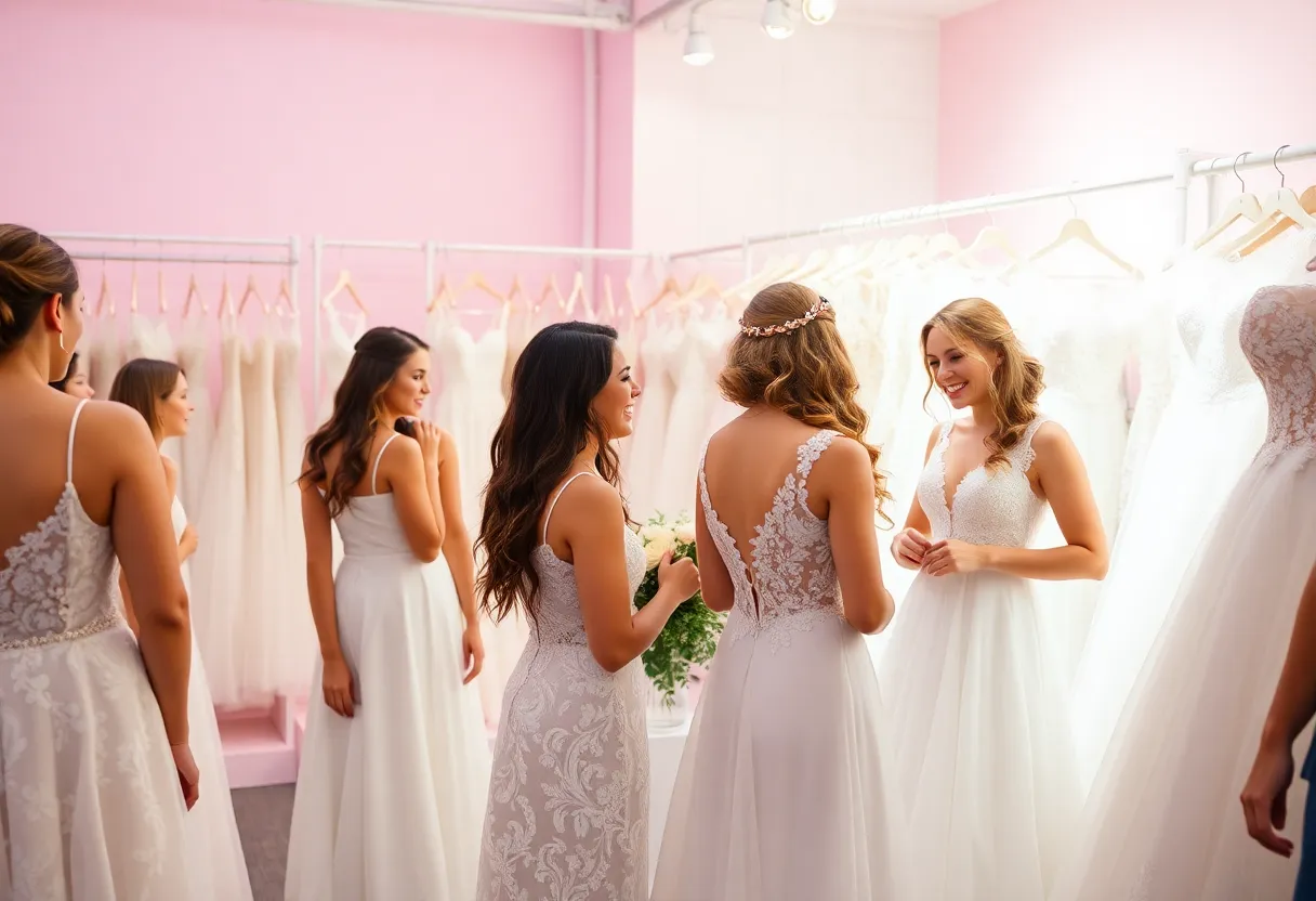 Brides trying on wedding gowns at an Azazie pop-up event in Texas