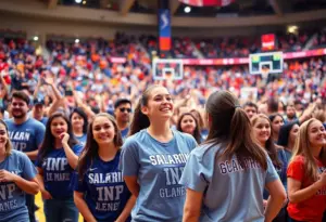 Fans celebrating Azzi Fudd's farewell game
