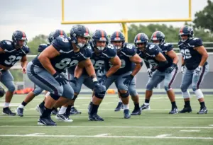 Wisconsin Badgers offensive linemen training on the field