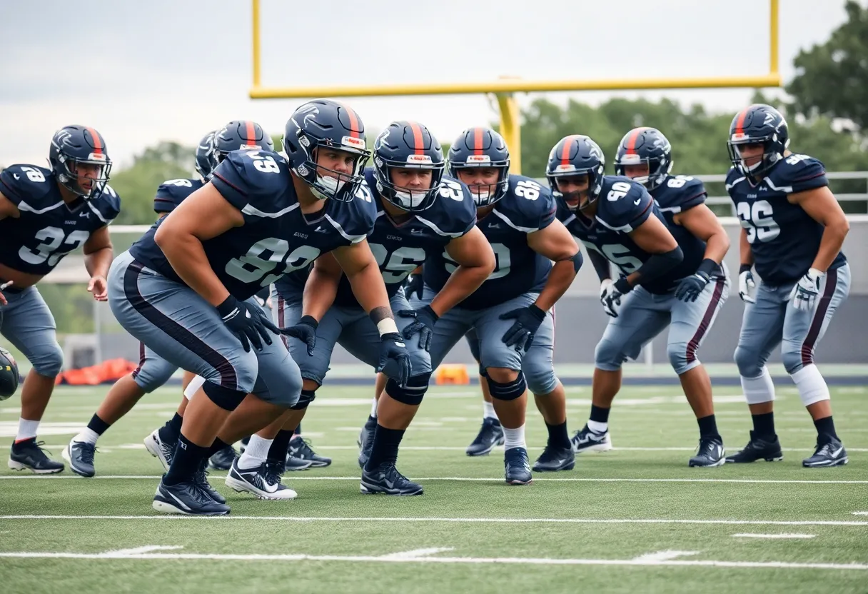 Wisconsin Badgers offensive linemen training on the field