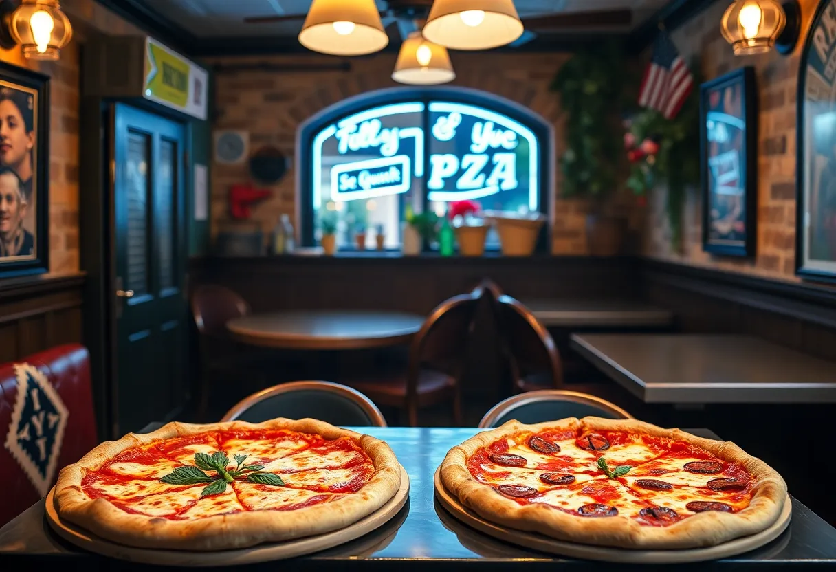 Interior of Baldinucci Pizza Romana, showcasing pizzas and family ambiance.