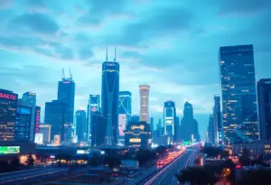 Cityscape depicting AI technology integration