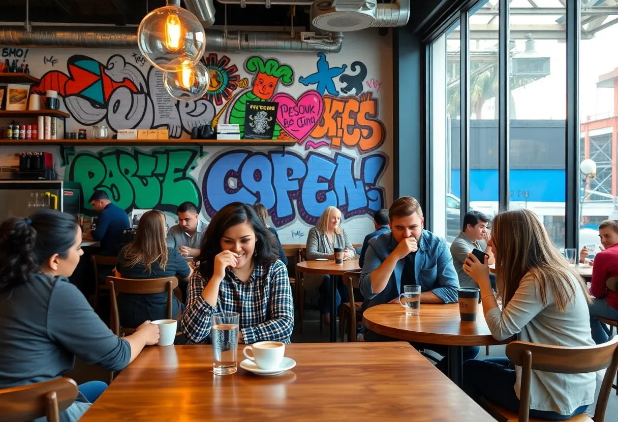 Interior of Black Sheep Coffee café in Austin with coffee lovers enjoying their drinks