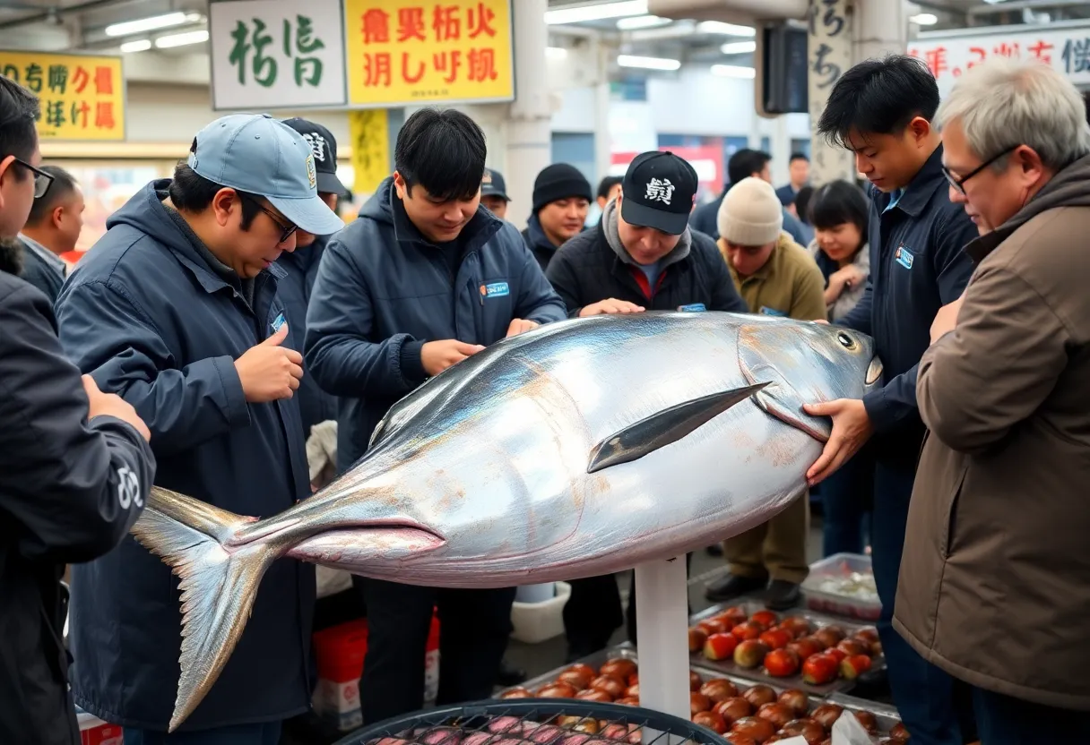 Bluefin tuna being auctioned at Toyosu Fish Market