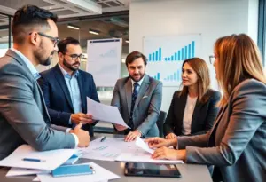 Business professionals discussing M&A strategies