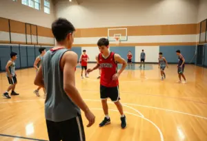 Players practicing on a G League basketball court