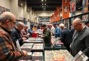 A bustling card show in Leander, Texas with numerous vendors and collectors engaging with a variety of collectibles.