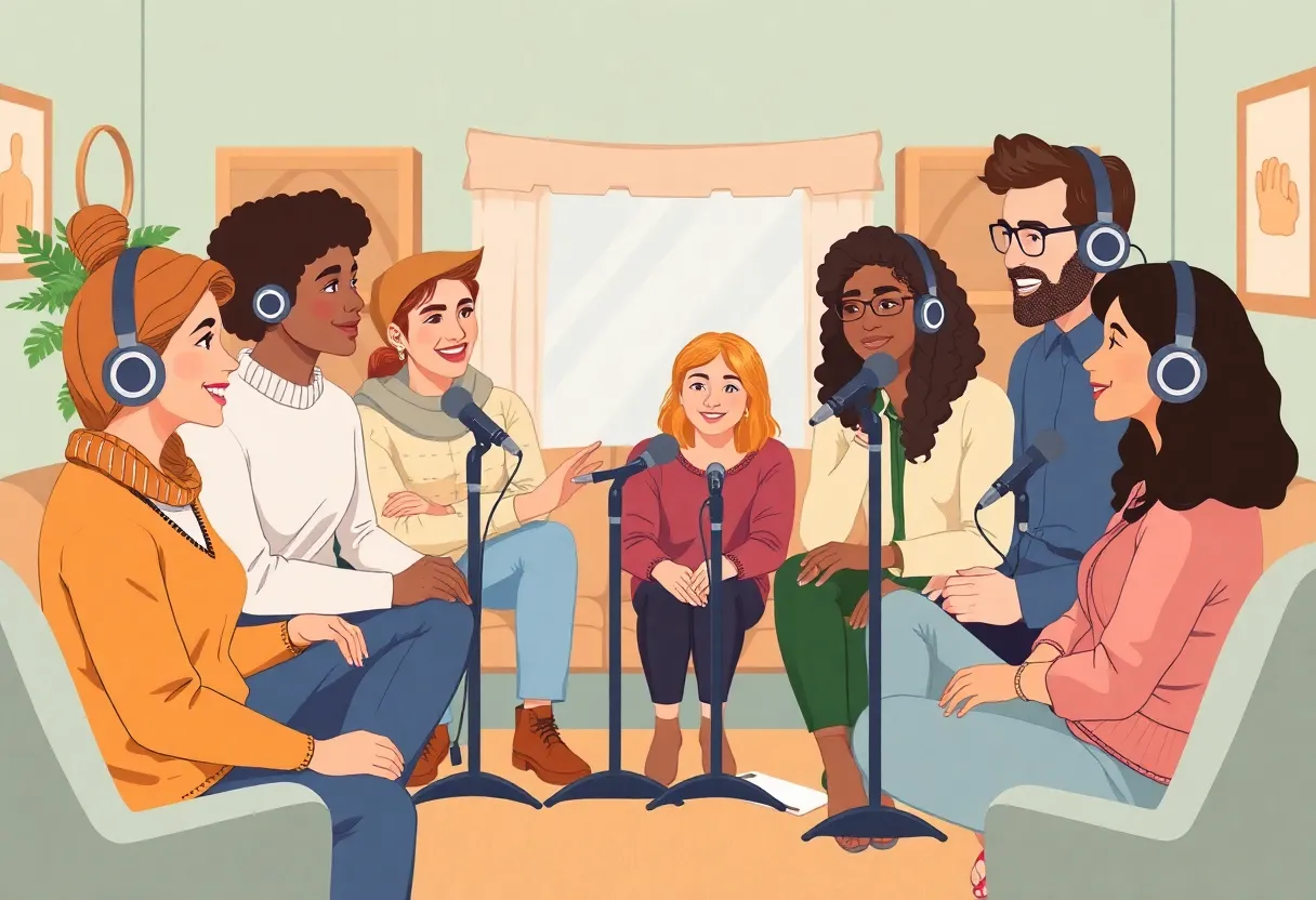 Foster parents recording a podcast in a studio