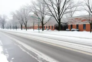 Icy streets and snow-covered trees in Central Texas