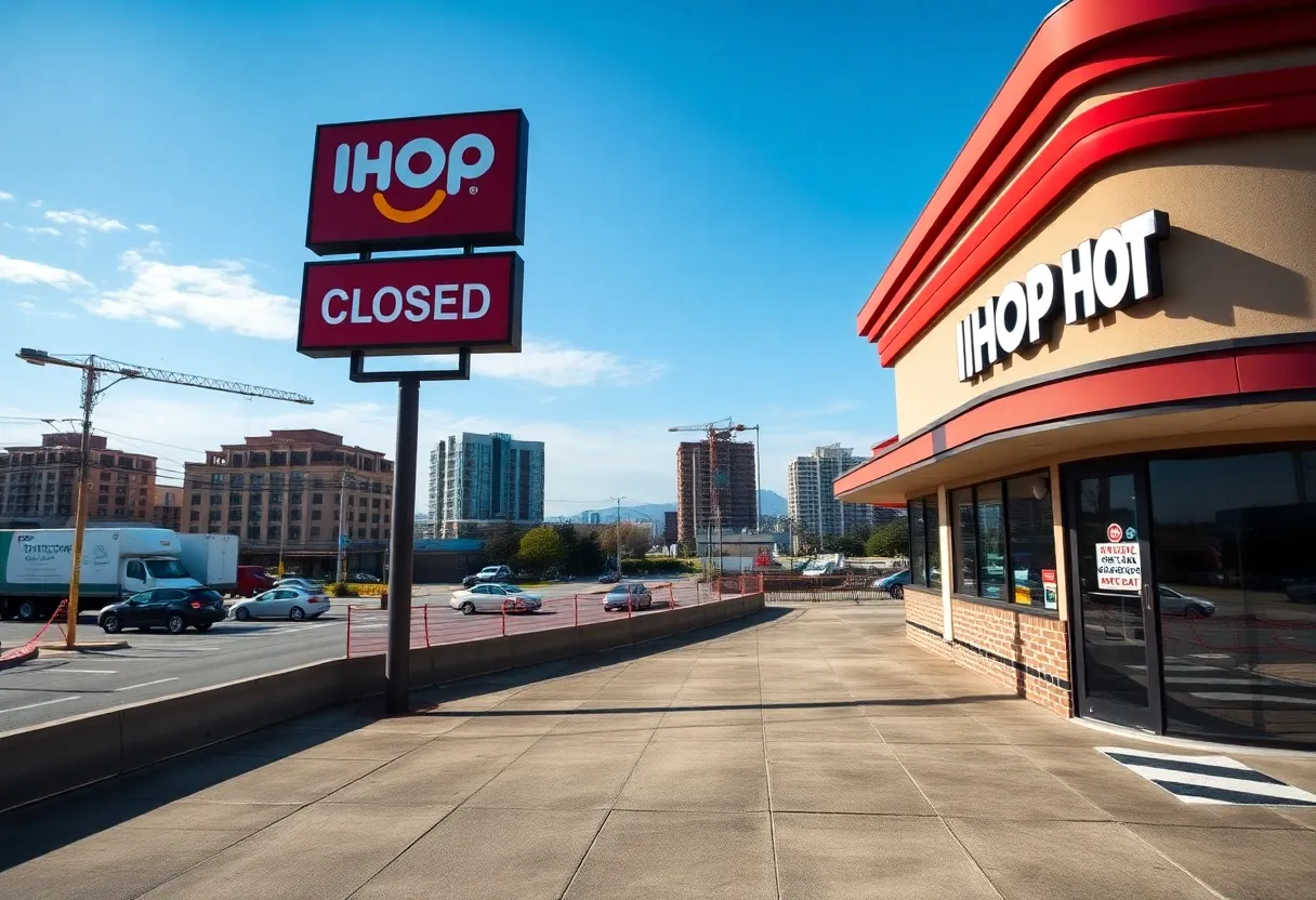 Image of a closed IHOP restaurant with a 'Closed' sign and urban redevelopment in the background.