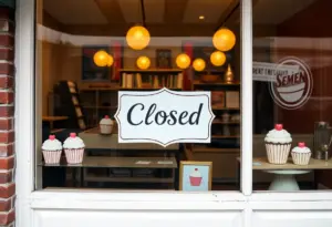 Closed Sprinkles Cupcakes shop with a sign indicating closure
