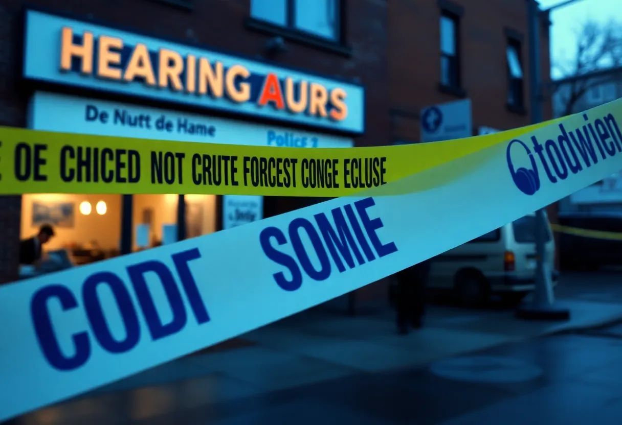 Image depicting a crime scene with police tape at a hearing aid business.