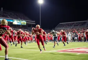 Dynamic scene from a college football game showcasing athletes in action