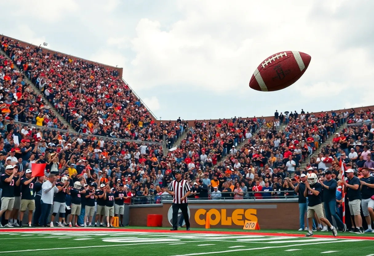 Crowd cheering at a college football playoff game.