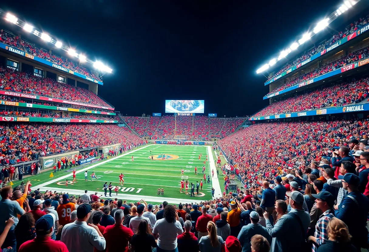 Fans cheering in a college football stadium during the playoff semifinals