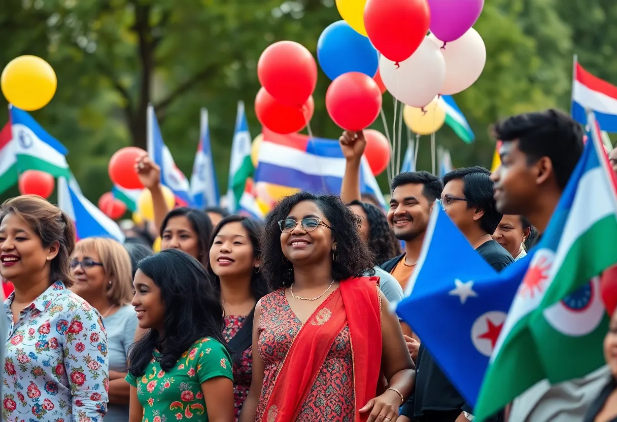 A diverse group of people gathered celebrating citizenship with balloons and flags.