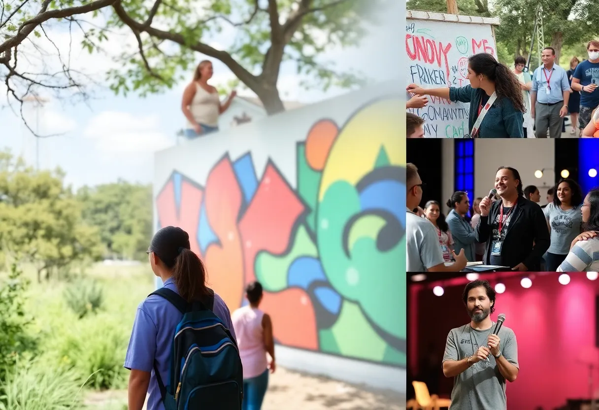 A collage of community events in Austin including nature hikes and art workshops.