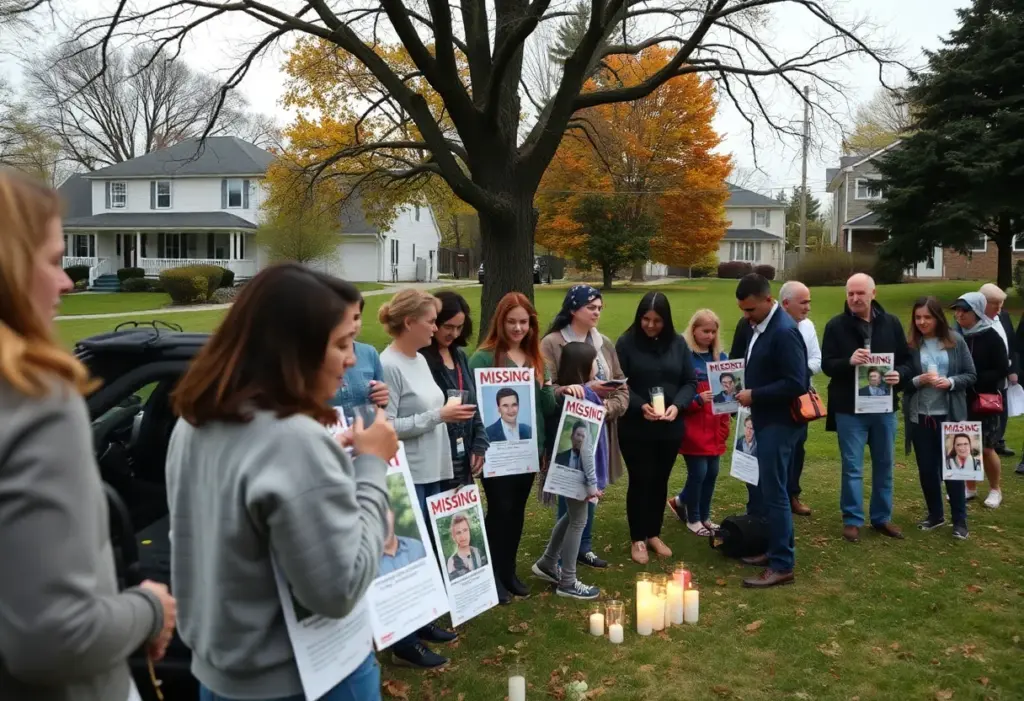 Community members gathered with posters for a missing person search