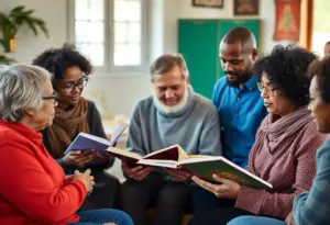 A diverse group of individuals participating in a storytelling event about faith.