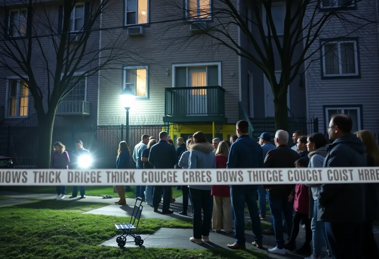 Gathering of community members showing support outside apartment building