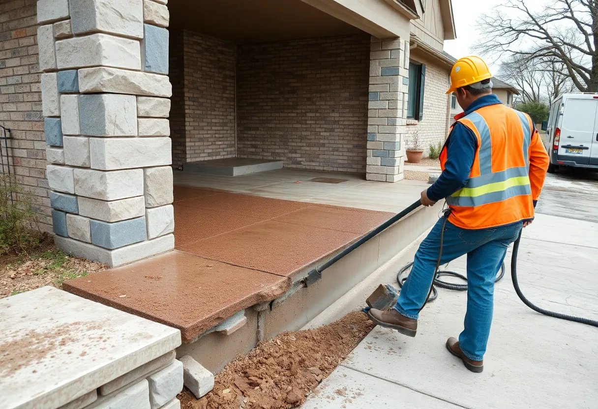 Workers repairing concrete driveways and sidewalks in Austin after winter weather damage.