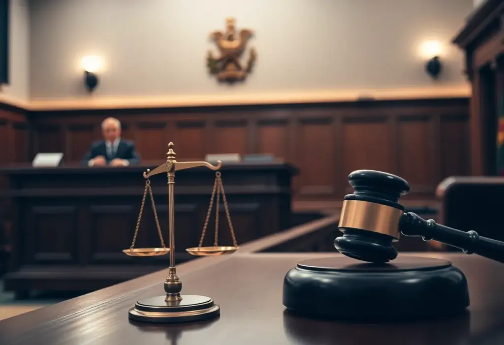 Courtroom scene depicting justice