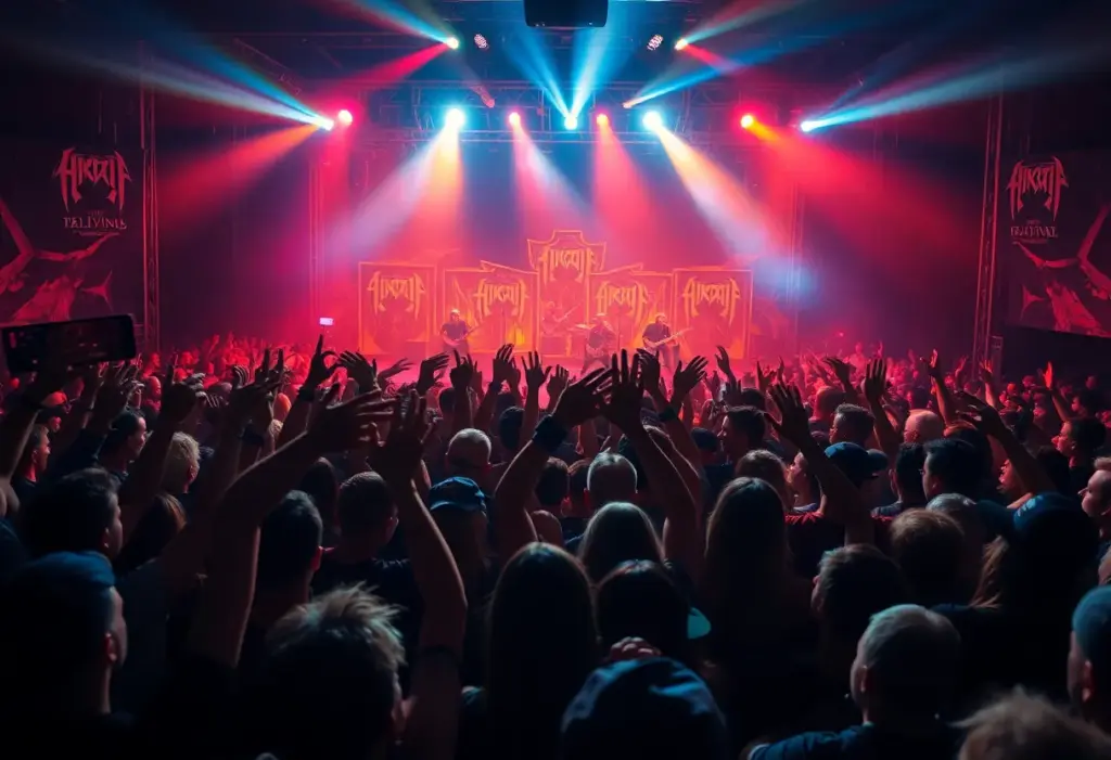 Fans enjoying the Decibel Magazine Tour with a band performing on stage in Austin.