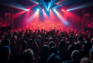 Fans enjoying the Decibel Magazine Tour with a band performing on stage in Austin.