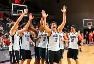 Duke women's basketball team celebrating victory on the court