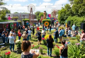 Vibrant community garden with people creating art and enjoying music.