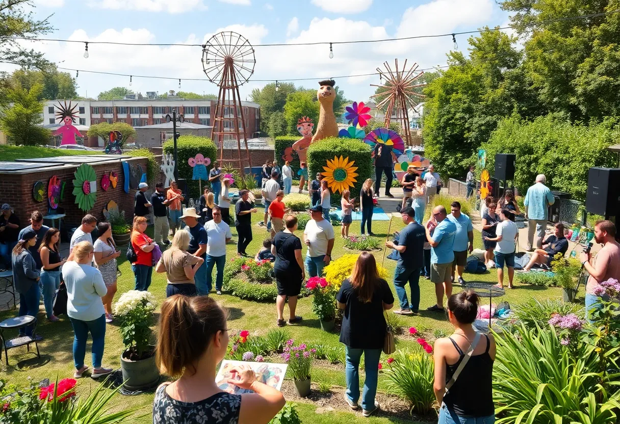 Vibrant community garden with people creating art and enjoying music.