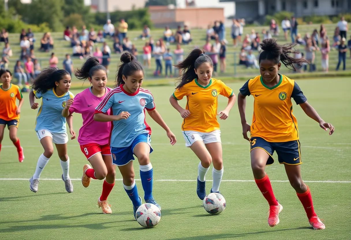 Young women playing football on a field, symbolizing empowerment and gender equality in sports.