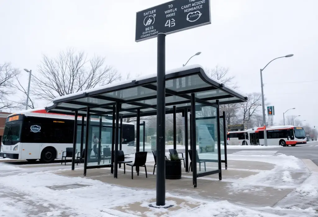 Icy bus stop in Austin, Texas with snow and winter weather conditions.
