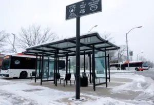 Icy bus stop in Austin, Texas with snow and winter weather conditions.