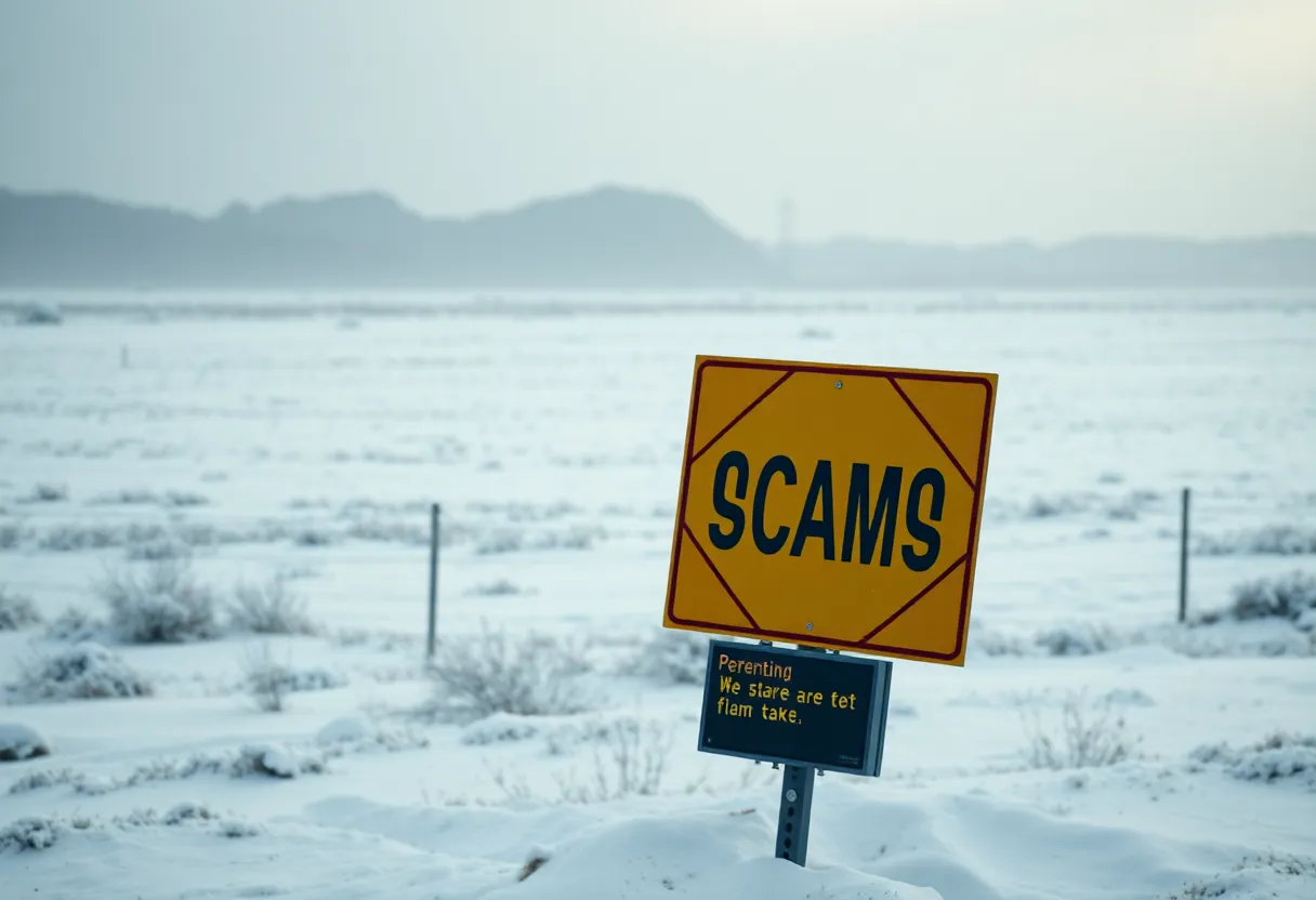 Winter storm in Texas with a warning sign about ERCOT scams