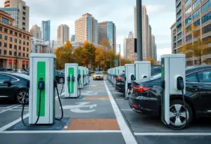 Modern electric vehicle charging stations in an urban setting